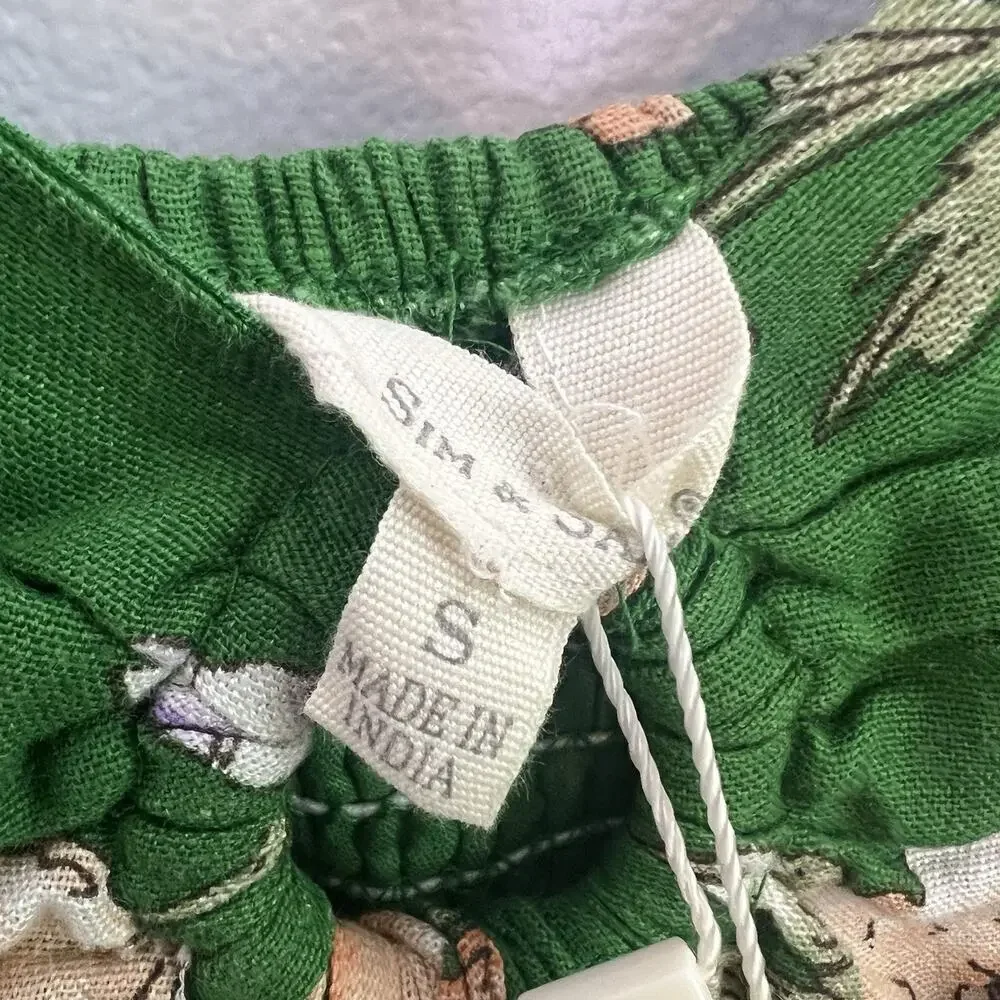 NWT Sim & Sam Dress Linen Blend Floral Sz S Ruffled Babydoll Vacation Green Boho
